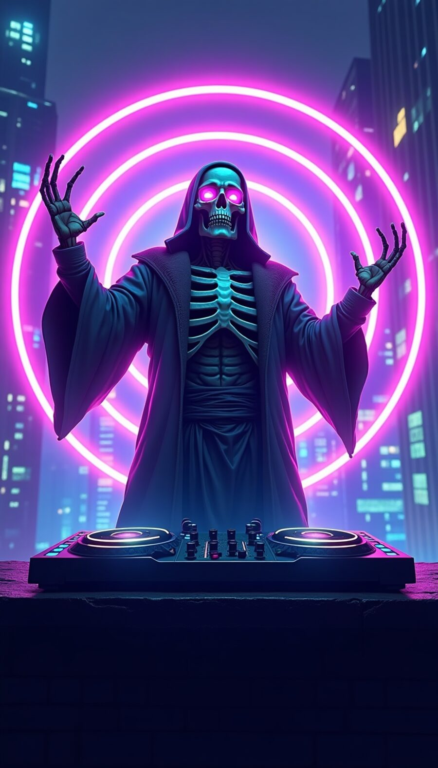 DJ Lich boss, a skeletal DJ behind glowing turntables, backed by a giant magenta neon ring above the skyline.
