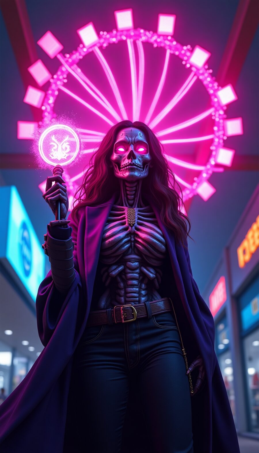The Influencer Queen boss, a skeletal figure haloed by a glowing magenta ring light, holding a cursed selfie stick.