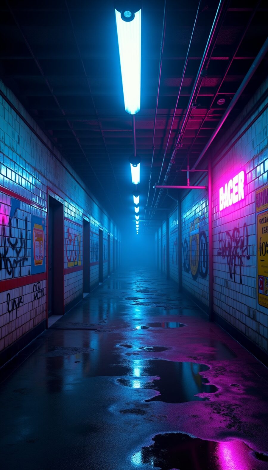 A flooded subway corridor lit by flickering cyan fluorescent tubes and a glowing pink storefront sign.