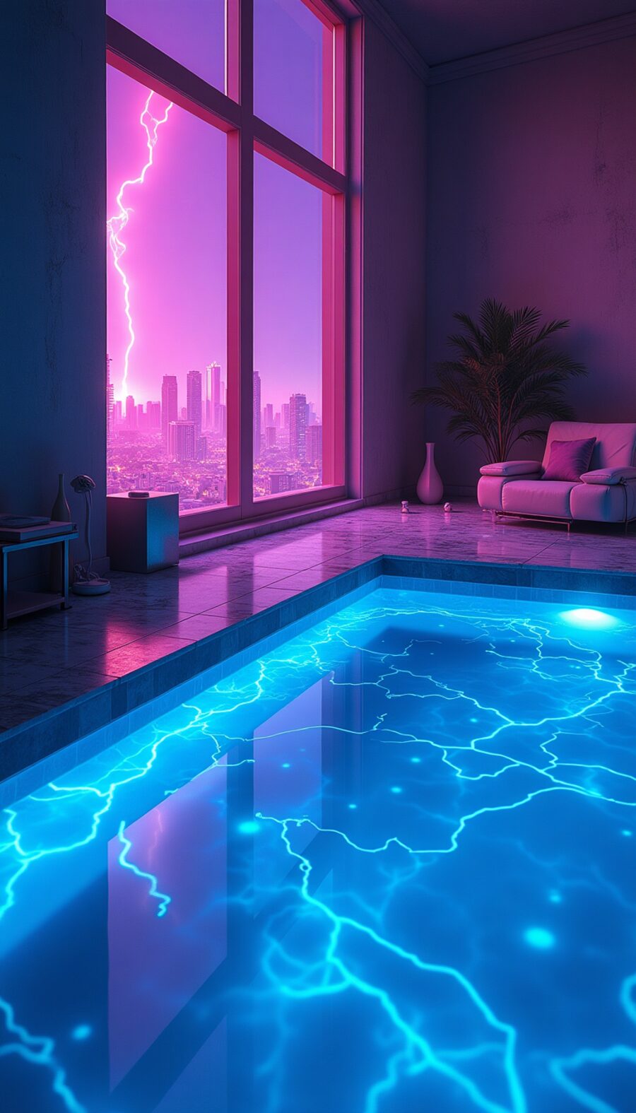 A luxury penthouse with a glowing blue pool inside, and a pink lightning bolt over the city skyline outside the window.