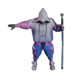 Vaporwave Sage, a street mage in pastel pink and lavender robes, holding a tall staff.